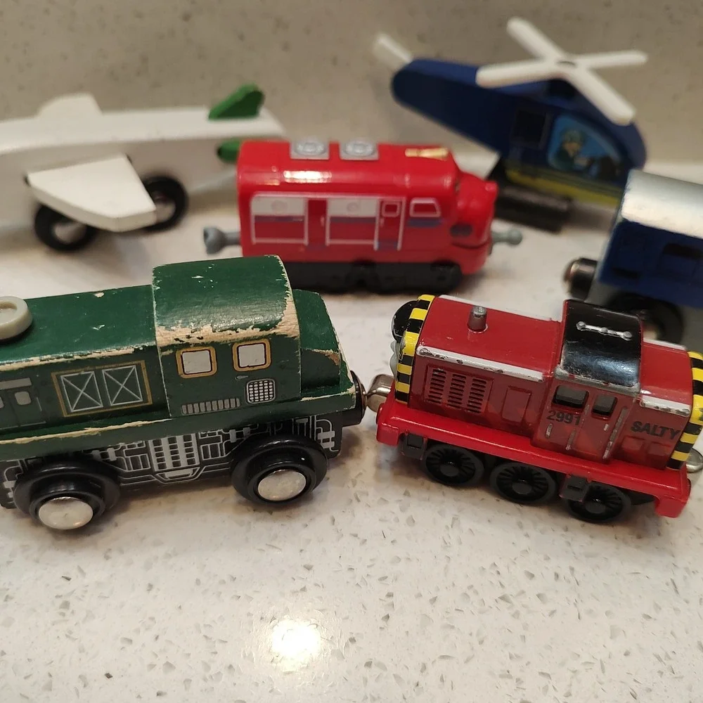 Wooden/Metal Train Vintage Mixed Lot 6 Vehicle Plane Helicopter Salty Wilson